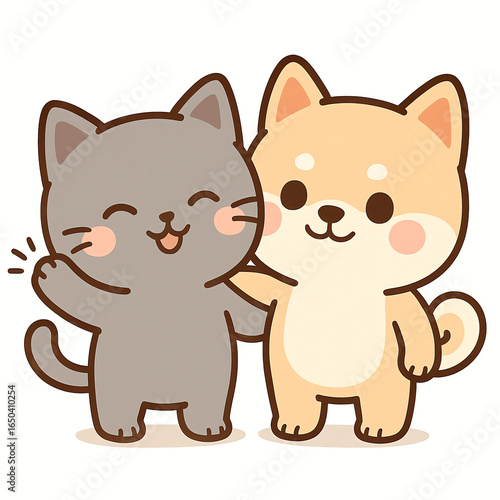 Cute cartoon cat and Shiba Inu dog are best friends, hugging and waving in a friendly vector illustration