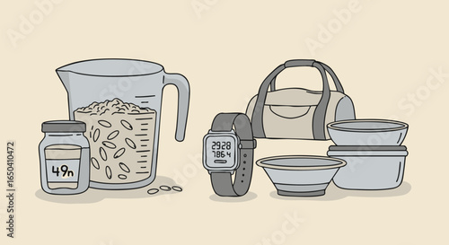 Conceptual illustration of a daily routine with fitness gear, healthy food, and a wellness tracker for an active lifestyle