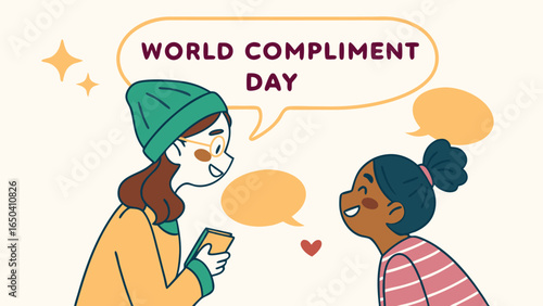 Happy diverse girls exchanging compliments; World Compliment Day; cheerful cartoon style.