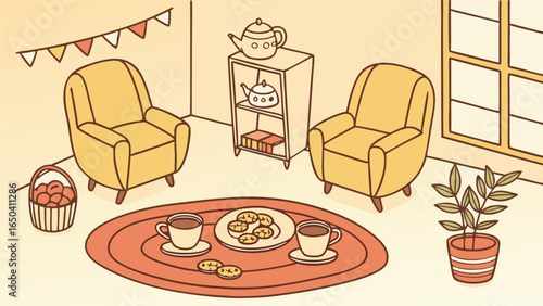 Cozy Retro Living Room: Two Armchairs, Tea, Cookies, and Festive Bunting