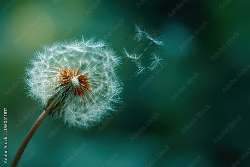Obraz premium Dandelion seeds gently floating in the breeze at dusk, capturing a moment of natural beauty and delicate transition in a serene, blurred green background