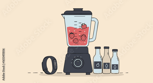 Illustration of a healthy lifestyle with a fitness tracker and a freshly made berry smoothie from a blender