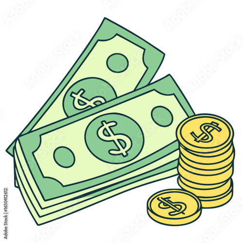 Financial Stack: A meticulously crafted graphic composition, highlighting a stack of gold coins beside a bundle of meticulously folded green paper money