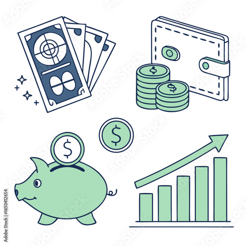 Financial Symbols: A collection of hand-drawn icons representing key financial concepts, showcasing wealth, saving, and growth, inviting viewers to contemplate their economic future.