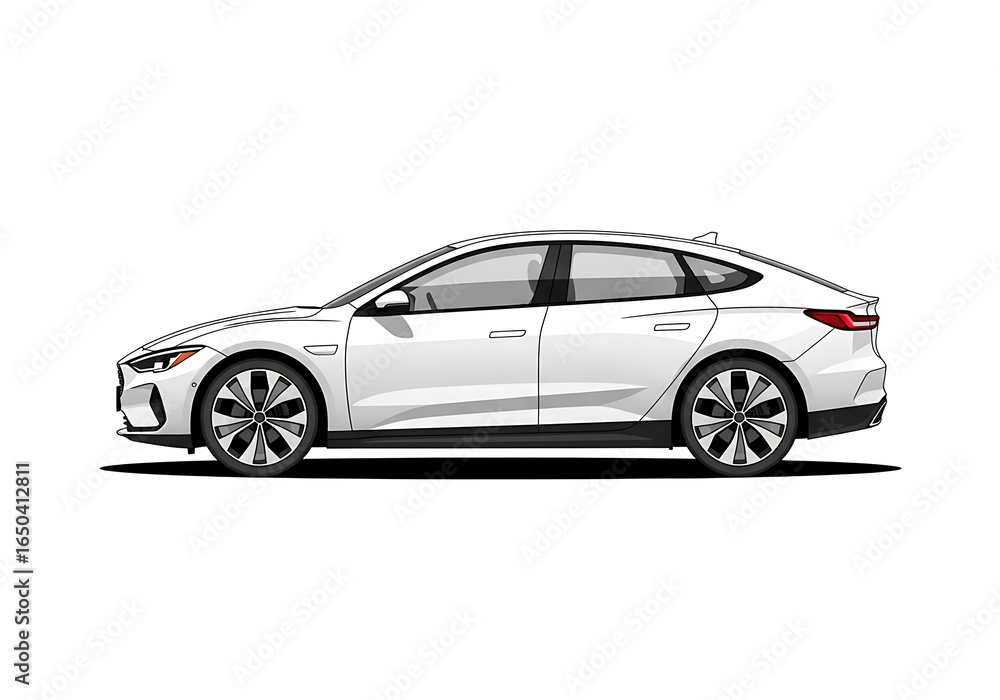 Naklejka premium Side view of a modern white sedan car isolated on white background, showcasing its sleek design and aerodynamic features