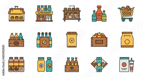 A vibrant collection of flat design icons depicting various grocery store products, supermarket buildings, and essential shopping elements.