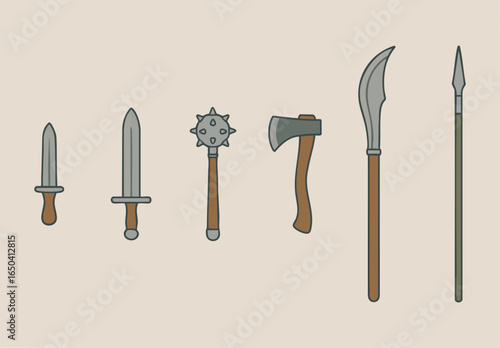 Vertical array of swords daggers mace glaive and axe on light background
