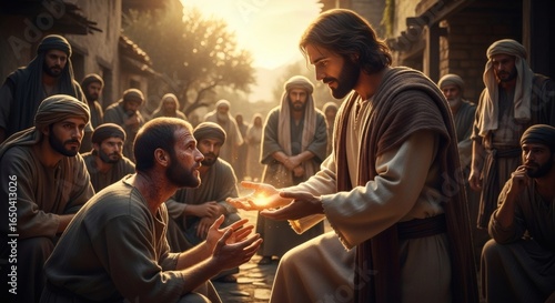 Divine encounter jesus bestowing a miraculous blessing on a seeker in an ancient setting