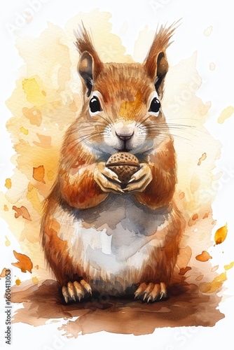 Adorable Squirrel with Nut: A charming squirrel holds a nut with focused intent, capturing the beauty of watercolor artistry