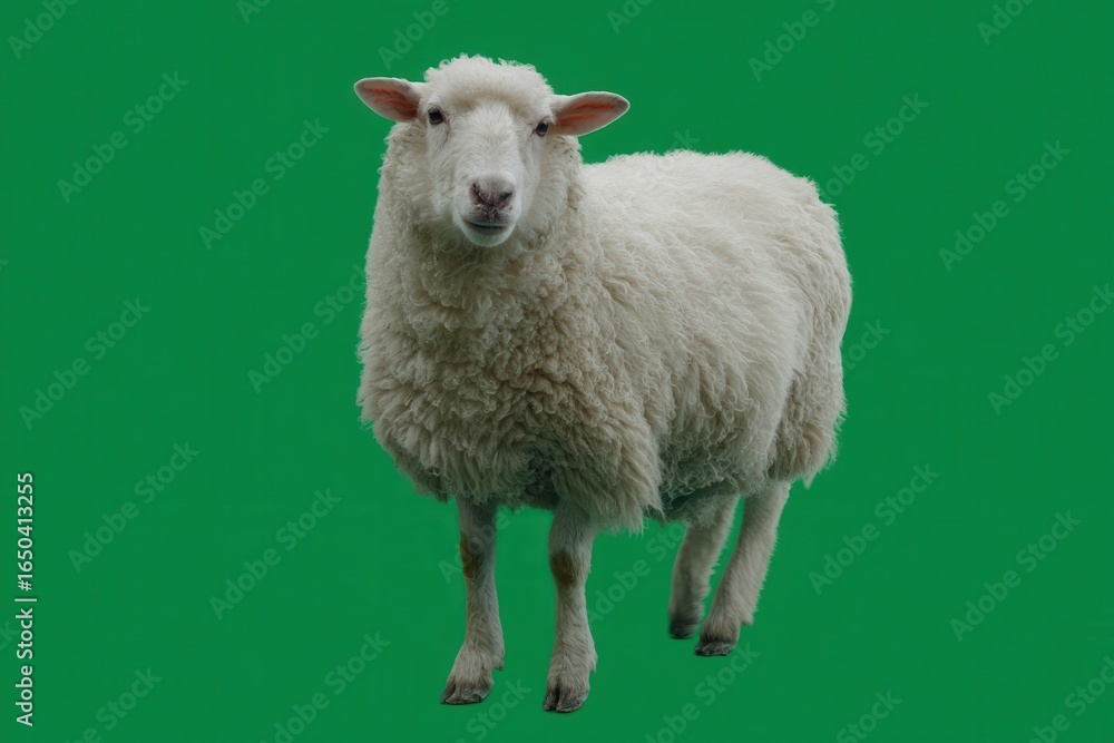Fototapeta premium Realistic sheep walks on green screen background showcasing fluffy white wool and attentive expression in a dynamic setting suitable for various creative projects