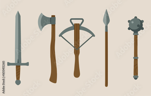 Weapons selection with longsword axe crossbow spear staff and morningstar