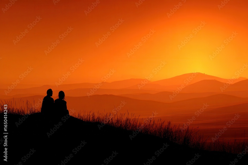 Fototapeta premium Silhouette of a couple sitting on a hill at sunset, surrounded by rolling hills and a vibrant orange horizon