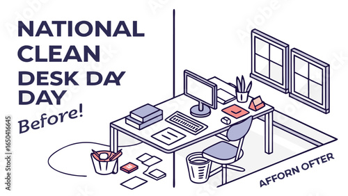 Messy Office Desk Before Cleaning: Isometric Illustration, Cluttered Workspace, National Clean Desk Day
