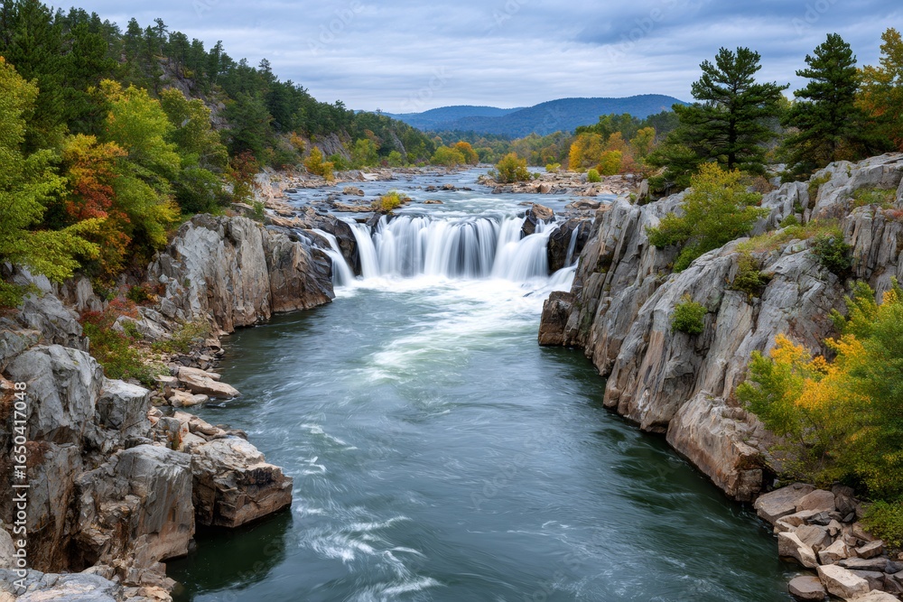 Fototapeta premium Great falls national park showing autumn colors and rushing waterfalls in virginia