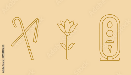 Ancient Egyptian icons crook and flail lotus flower and cartouche