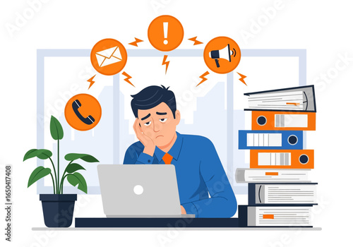 Flat illustration of stressed office worker overwhelmed by tasks, notifications, calls, and deadlines, sitting at desk with laptop and piles of documents, symbolizing workplace stress and burnout