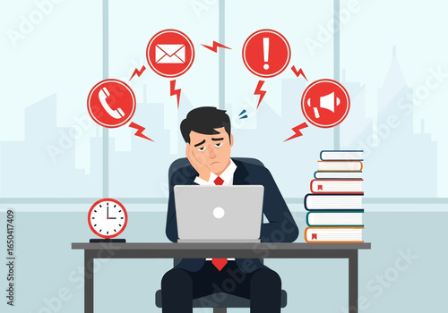 Flat illustration of stressed office worker overwhelmed by tasks, notifications, calls, and deadlines, sitting at desk with laptop and piles of documents, symbolizing workplace stress and burnout