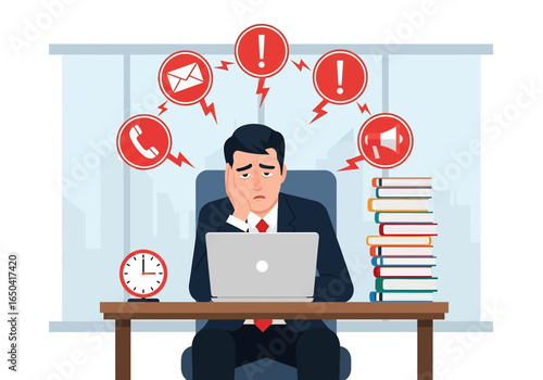 Flat illustration of stressed office worker overwhelmed by tasks, notifications, calls, and deadlines, sitting at desk with laptop and piles of documents, symbolizing workplace stress and burnout