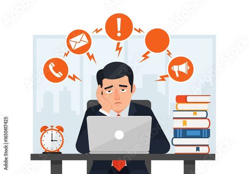 Flat illustration of stressed office worker overwhelmed by tasks, notifications, calls, and deadlines, sitting at desk with laptop and piles of documents, symbolizing workplace stress and burnout