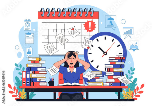Flat illustration of stressed businesswoman overwhelmed by deadlines, paperwork, and workload, sitting at desk with books, calendar, and clock, symbolizing time management and workplace anxiety