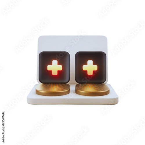 Two black squares displaying glowing red plus signs sit on stands on transparent background