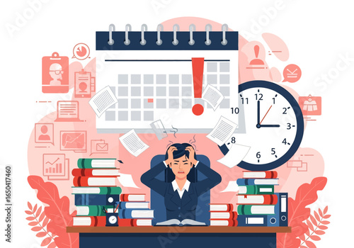 Flat illustration of stressed businesswoman overwhelmed by deadlines, paperwork, and workload, sitting at desk with books, calendar, and clock, symbolizing time management and workplace anxiety