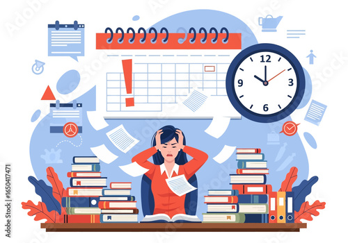 Flat illustration of stressed businesswoman overwhelmed by deadlines, paperwork, and workload, sitting at desk with books, calendar, and clock, symbolizing time management and workplace anxiety