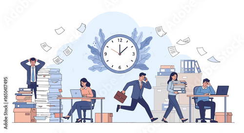 Flat illustration of office employees overwhelmed by paperwork and deadlines, showing stress, workload, time management issues, business pressure, productivity challenges, and workplace anxiety