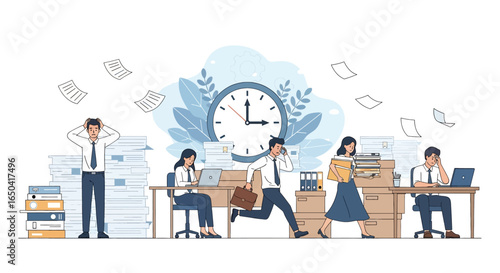 Flat illustration of office employees overwhelmed by paperwork and deadlines, showing stress, workload, time management issues, business pressure, productivity challenges, and workplace anxiety