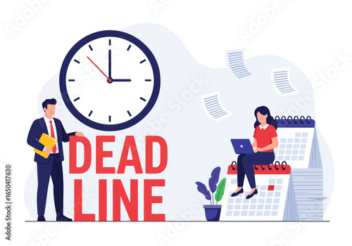 Flat illustration of business deadline concept with giant clock, stressed employees, paperwork flying, calendar, and time pressure representing workload, office stress, productivity, and urgency