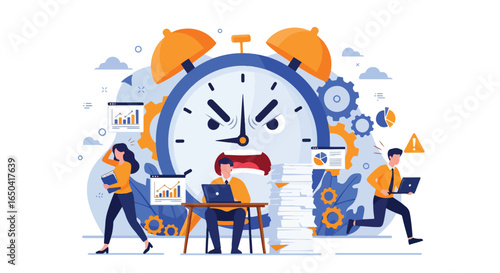 Flat illustration of business stress and deadline pressure with angry alarm clock, office workers rushing, paperwork piles, charts, and time urgency symbolizing workload, anxiety, and productivity