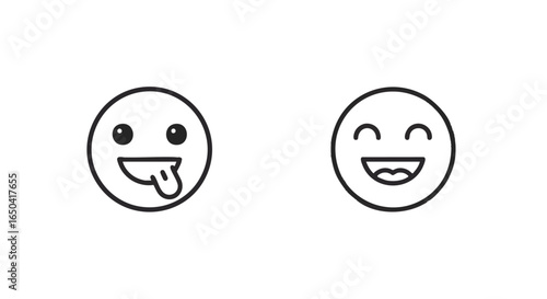 A set of two minimalist outline emoticons expressing joy and playfulness, featuring a happy laughing face and a silly face with tongue out as isolated vector icons