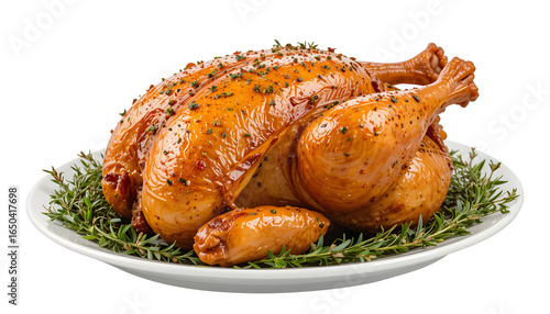 Transparent PNG available Golden brown roasted whole chicken with fresh thyme herbs isolated on
