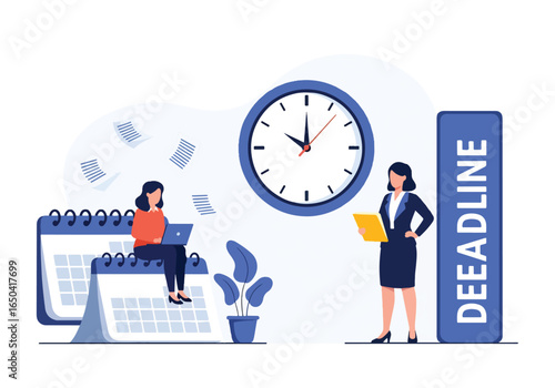 Flat illustration of business deadline concept with giant clock, stressed employees, paperwork flying, calendar, and time pressure representing workload, office stress, productivity, and urgency