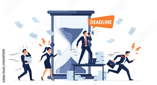 Flat illustration of business people stressed by deadline, giant hourglass, boss shouting with megaphone, employees rushing with documents, workplace pressure, urgency, and corporate chaos