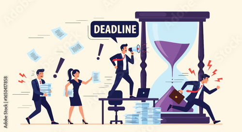 Flat illustration of business people stressed by deadline, giant hourglass, boss shouting with megaphone, employees rushing with documents, workplace pressure, urgency, and corporate chaos