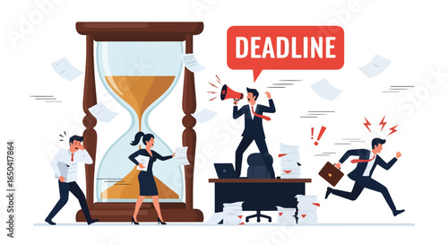 Flat illustration of business people stressed by deadline, giant hourglass, boss shouting with megaphone, employees rushing with documents, workplace pressure, urgency, and corporate chaos