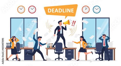 Flat illustration of stressed office workers rushing to meet project deadline, boss shouting with megaphone, papers flying, teamwork pressure, business chaos, and corporate time management crisis