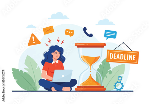 Flat illustration of frustrated woman working on laptop with hourglass and deadline sign, symbolizing stress, time pressure, workload management, and urgent business project deadline concept