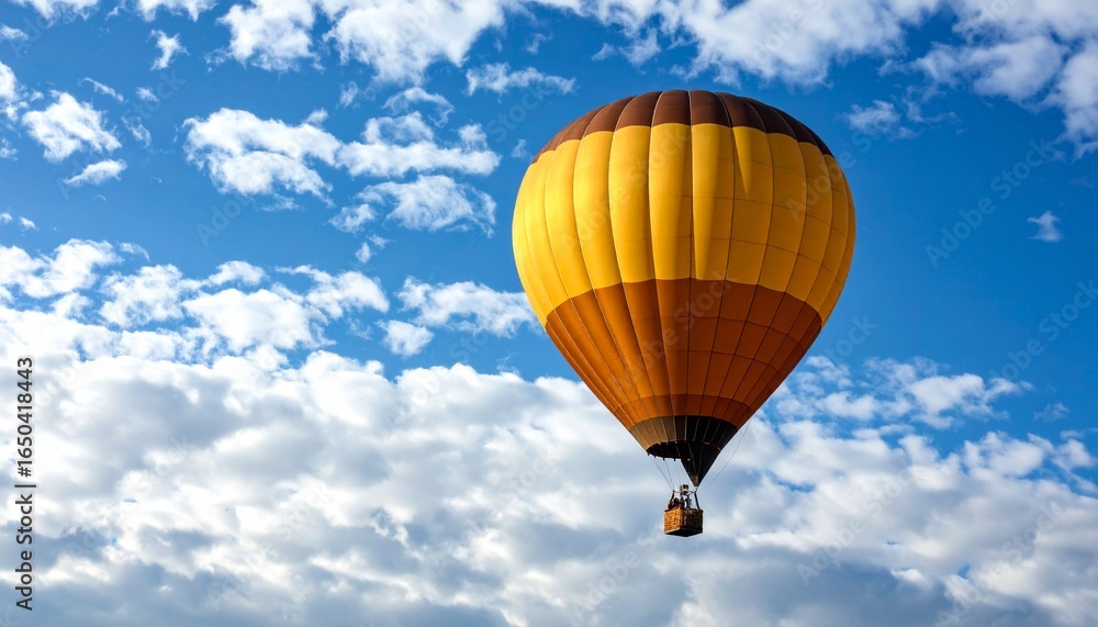 Obraz premium Experience the freedom of flight in a hot air balloon against a backdrop of blue sky and clouds.