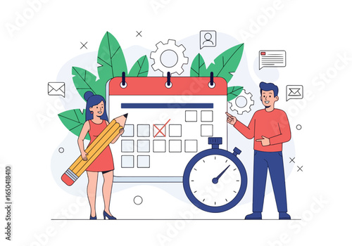 Flat illustration of people planning schedule with big calendar, pencil, and stopwatch, symbolizing time management, deadline reminder, productivity, teamwork, and project organization