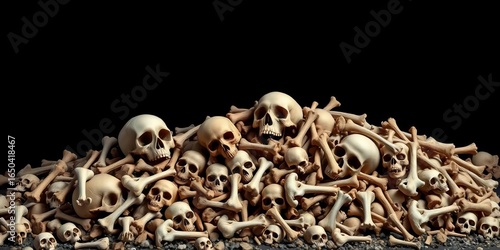 A stark pile of skulls and bones against a black backdrop, conflict, apocalypse