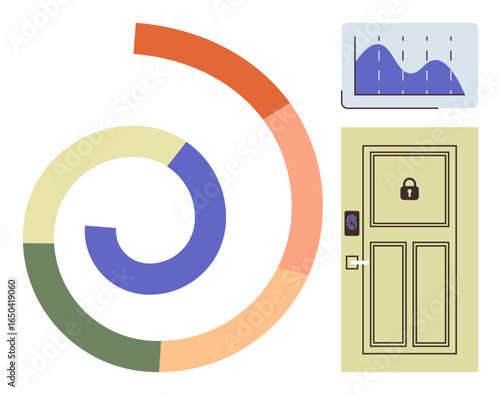 Circular segmented chart, line graph on a screen, locked door with scanner. Ideal for analytics, security, technology, business, progress, innovation simple flat metaphor