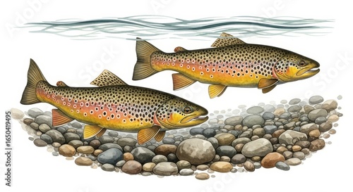 Two Brown Trout in a Rocky Stream - Detailed illustration of two brown trout swimming in a clear stream above a bed of smooth river rocks