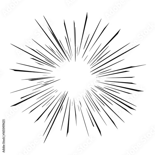 Radial comic burst with sharp manga speed lines and explosion or starburst effects, pop art, or action scenes. Ideal for graphic design, retro comics, and dramatic visual templates.