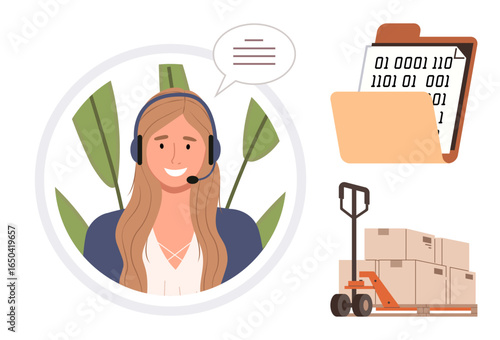 Woman with a headset communicating, binary code folder representing data, and pallet jack with boxes. Ideal for customer support, logistics, e-commerce, data processing, teamwork, communication