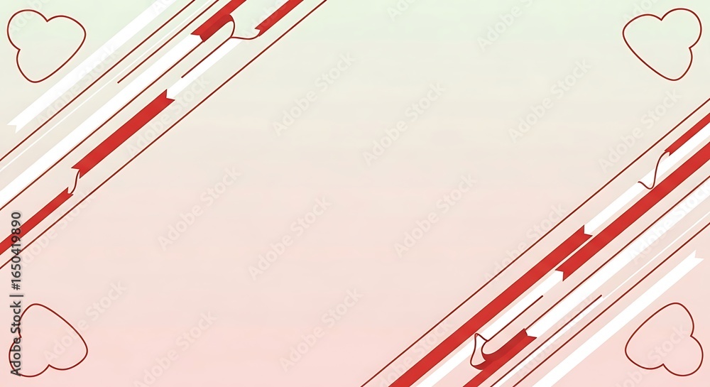 Obraz premium Abstract background with red and white diagonal lines, and heart shapes in the corners, creating a soft, romantic, and modern design.