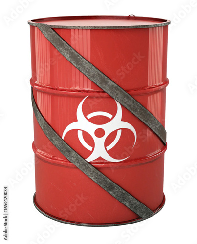 Cautionary red biohazard barrel symbol warns of dangerous biological waste containment