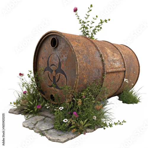 Rusty biohazard barrel overgrown with wildflowers symbolizes environmental threat and resilience