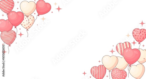 An illustrative corner border of romantic pink and cream heart-shaped balloons with sparkling stars.